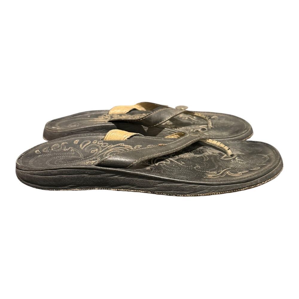 OluKai Panolo W Leather Flip Flop Sandals Women’s Size 9 Black Comfort Thong - Picture 2 of 10